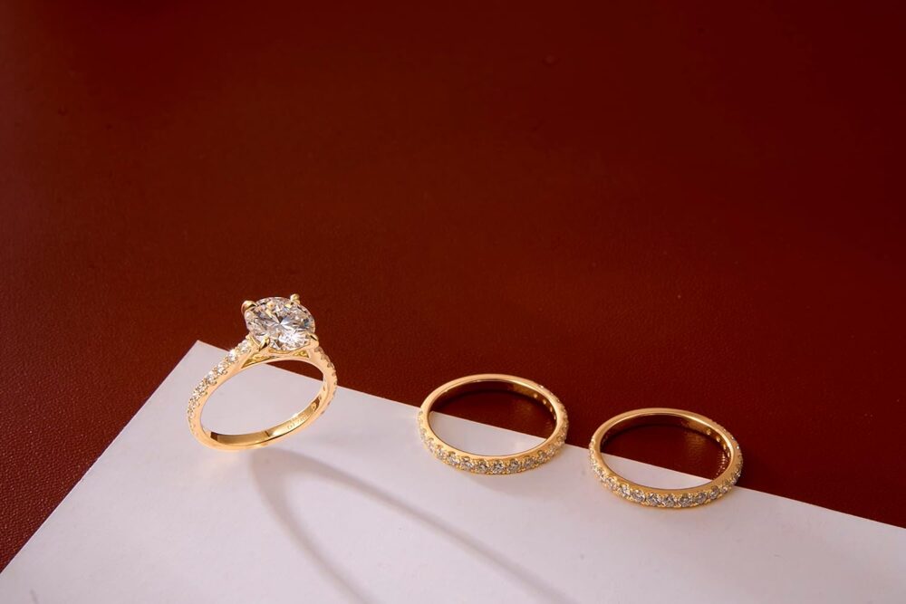 Solid 14k Real Yellow Gold Bridal Sets Engagement Ring for Women 4.74 CTTW Moissanite Gold Wedding Ring Set Jewelry D Color Lab Created Simulated Round Diamond Ring - Image 2