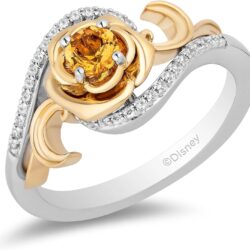 Jewelili Enchanted Disney Fine Jewelry Sterling Silver and 10K Yellow Gold 4 MM Round Shape Citrine and 1/10 Cttw Natural White Round Diamond Belle 30th Rose Ring