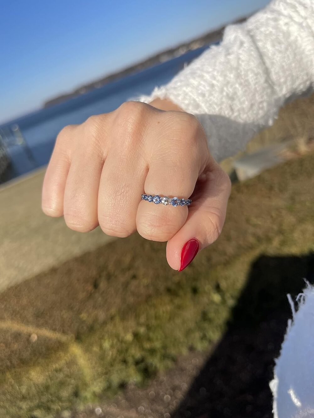 Diamond with White and Blue Sapphire Classic Stackable Band Ring or Earrings for Women in 14k White Gold Promise Anniversary Ring Size 5 to 10 by LeVian - Image 2