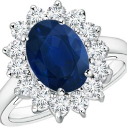 Angara Natural Princess Diana Inspired Blue Sapphire Ring with Diamond Halo in 14K Solid Gold/Platinum | September Birthstone, Birthday, Engagement, Anniversary, Wedding Jewelry Gift for Women