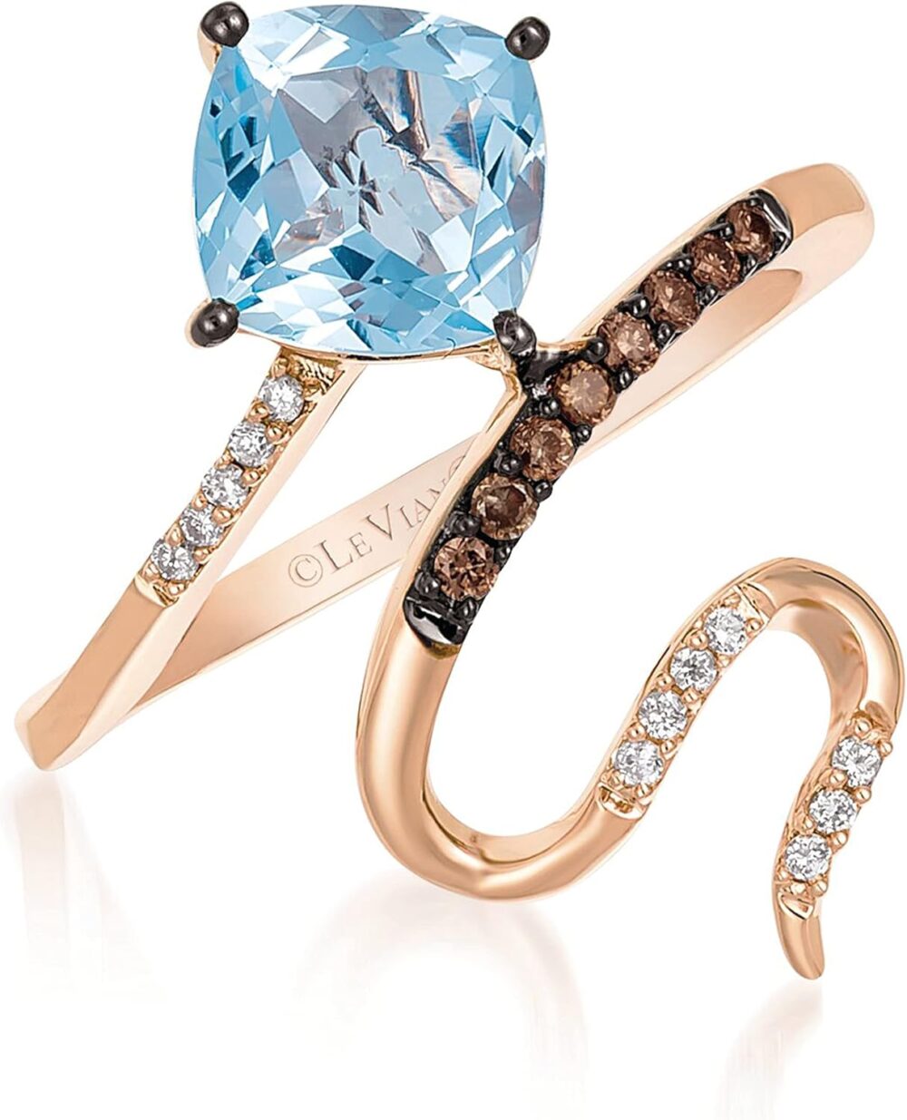 1/10 Carat Diamond and 1 1/5 Carat Cushion Cut Blue Aquamarine Snake Ring for Women in 14k Rose Gold (Fancy Brown/G-H, VS2-SI1, cttw) Promise Anniversary Ring Size 5 to 10.5 by LeVian
