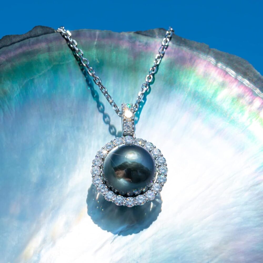 12-13mm Tahitian Black Pearl with Moissanite Necklace for Women, AAAA Quality Handselected Nature Black Pearls, 10K Solid White Gold/Sterling Silver Pendant, 45+2+3mm Adjustable Sterling Silver Chain - Image 3