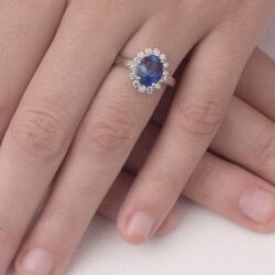 Angara Natural Princess Diana Inspired Blue Sapphire Ring with Diamond Halo in 14K Solid Gold/Platinum | September Birthstone, Birthday, Engagement, Anniversary, Wedding Jewelry Gift for Women - Image 4