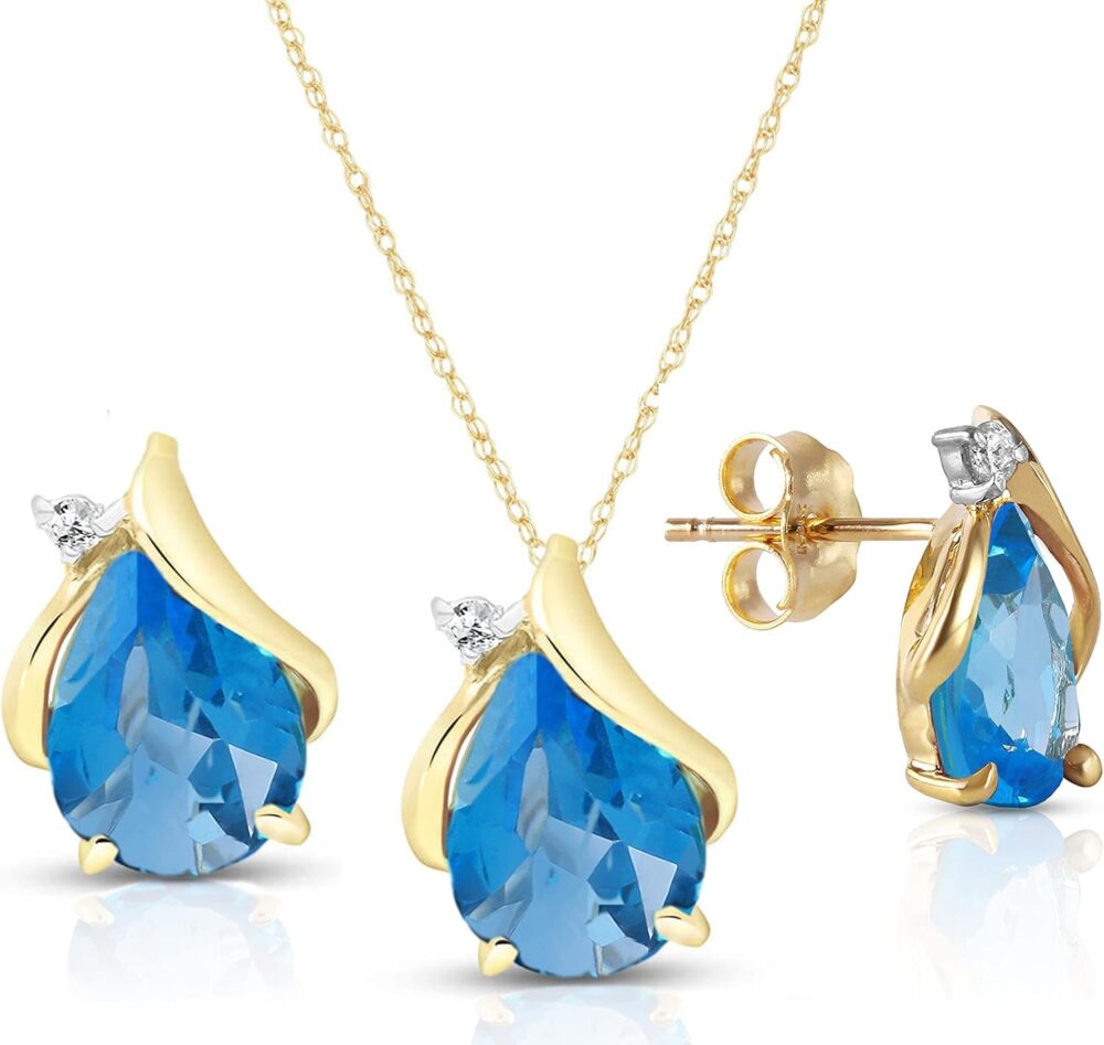 Galaxy Gold GG 14k Yellow Gold Teardrop Blue Topaz with Diamond Accent Necklace and Earring Set
