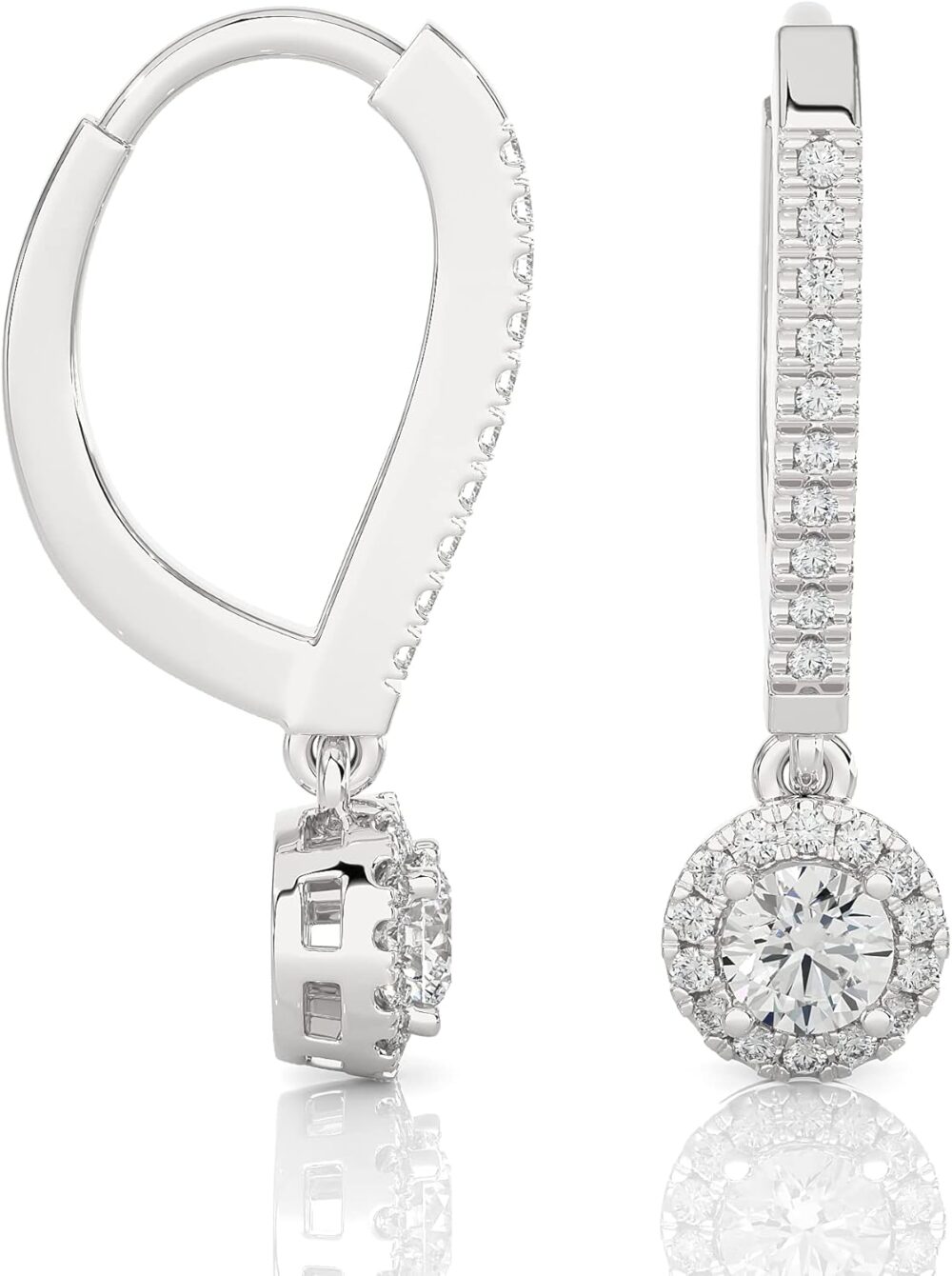 1/2 to 1 Carat Diamond Round Halo Dangle Earrings for Women in 14k White Gold (F-G, SI2-I1, cttw) Leverback by Privosa Fine Jewelry - Image 3