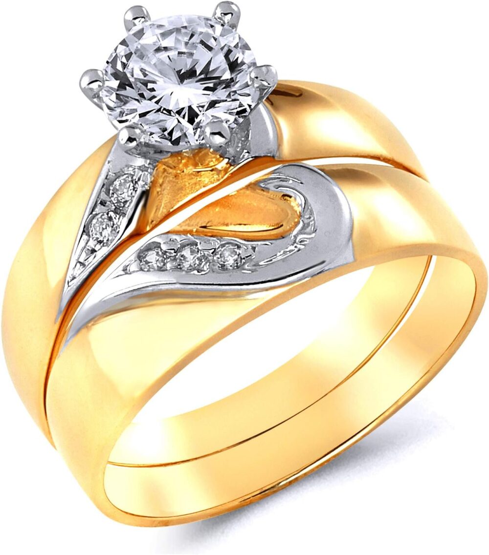 14k Two Tone Gold SOLID Engagement Ring and Wedding Band 2 Piece Set - Size 9