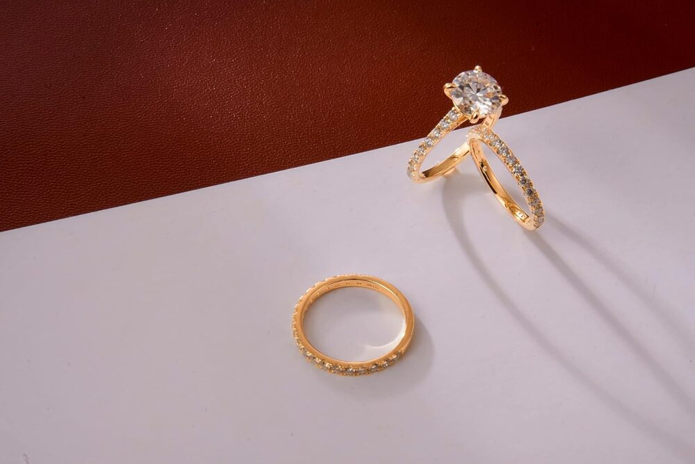 Solid 14k Real Yellow Gold Bridal Sets Engagement Ring for Women 4.74 CTTW Moissanite Gold Wedding Ring Set Jewelry D Color Lab Created Simulated Round Diamond Ring - Image 3
