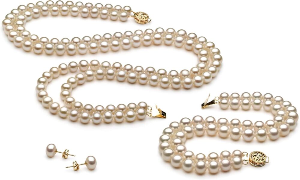 Liska White 6-7mm Double Strand AA Quality Freshwater Gold filled Cultured Pearl Set For Women