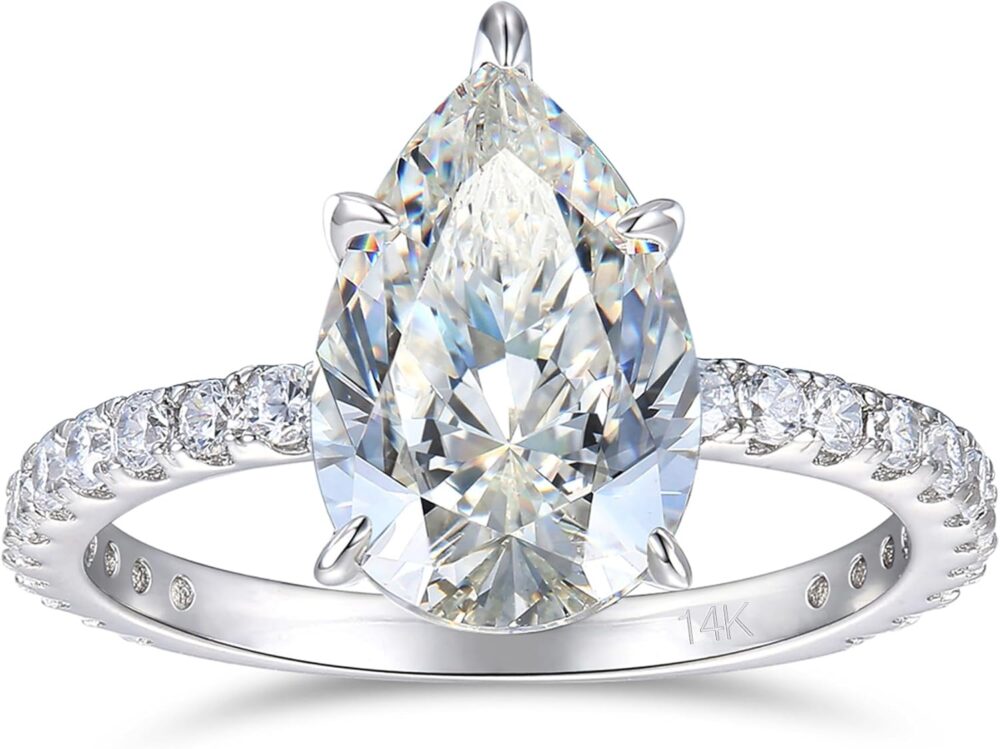 14K White Gold Engagement Ring, 3 Carat Pear Cut Moissanite Rings, Solid 14k White Gold Engagement Ring for Women