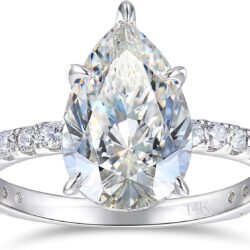 14K White Gold Engagement Ring, 3 Carat Pear Cut Moissanite Rings, Solid 14k White Gold Engagement Ring for Women