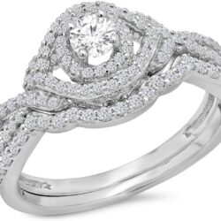 Dazzlingrock Collection 0.75 Cttw 14K Solid Gold White Diamond Womens Bridal Swirl Halo Split Shank Engagement Ring Set 3/