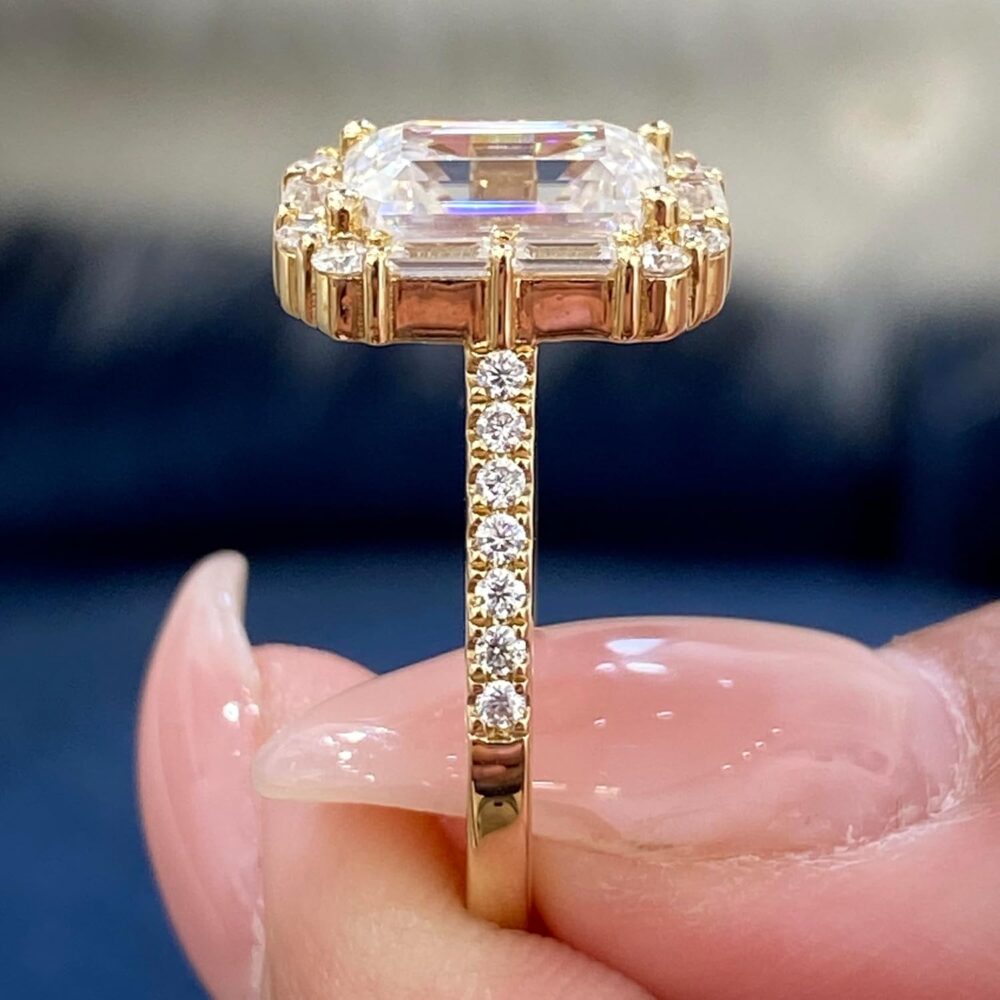 14K White/Yellow Gold Moissanite 3.15 TCW (2.5ct Center, VVS1 Clarity, D-E Color Emerald Shape) Engagement Ring With Baguette & Round Shaped Side Stones Promise Rings Gift For Her Rings For Women - Image 6