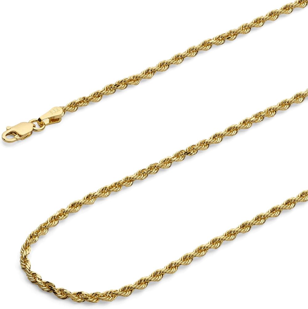 14k REAL Yellow Gold Solid Diamond Cut Rope Chain Bracelet or Necklace with Lobster Claw Clasp - Select Option - Image 2