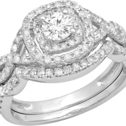 Dazzlingrock Collection 1.00 Cttw Round White Diamond Cushion Shaped Halo Engagement Ring Set for Women in 14K Solid Gold