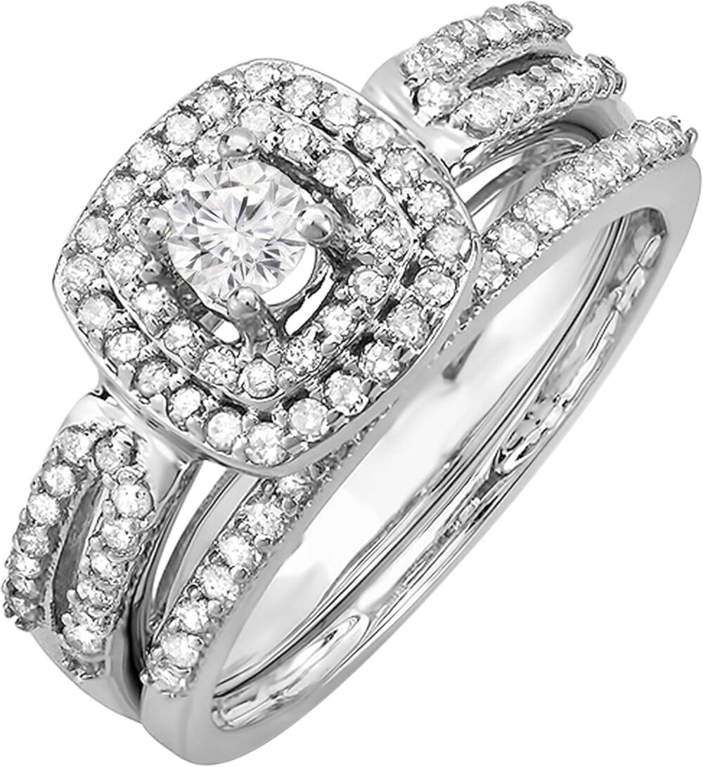 Dazzlingrock Collection 0.75 Cttw 14k Round Diamond Womens Bridal Ring Engagement Matching Band Set 3/, Solid White Gold