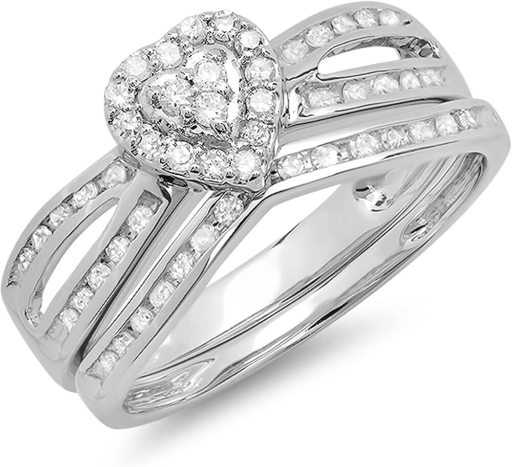 Dazzlingrock Collection 0.45 Cttw 10k Round Diamond Womens Split Shank Heart Shaped Bridal Ring Set, Solid White Gold