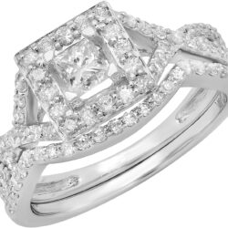 Dazzlingrock Collection 1.00 Cttw 14K Princess & Round Diamond Twist Womens Halo Engagement Ring Set, Solid White Gold