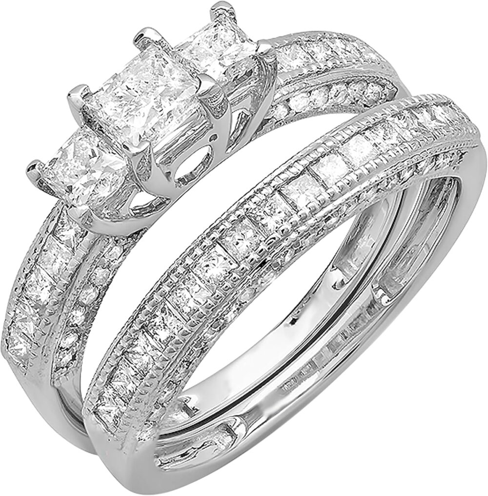 Dazzlingrock Collection 1.75 Cttw 14k Princess & Round Diamond Womens Bridal 3 Stone Ring Wedding Set 1 3/, Solid White Gold