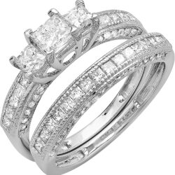 Dazzlingrock Collection 1.75 Cttw 14k Princess & Round Diamond Womens Bridal 3 Stone Ring Wedding Set 1 3/, Solid White Gold