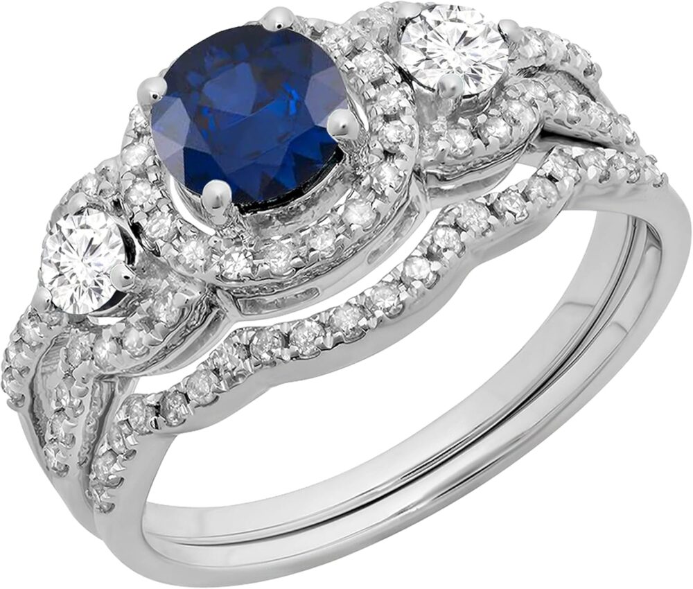 Dazzlingrock Collection 1.40 Cttw Round Gemstone & White Diamond Womens 3 Stone Halo Bridal Engagement Ring Set in 14K Solid Gold