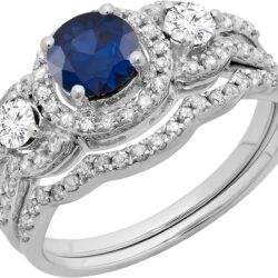 Dazzlingrock Collection 1.40 Cttw Round Gemstone & White Diamond Womens 3 Stone Halo Bridal Engagement Ring Set in 14K Solid Gold