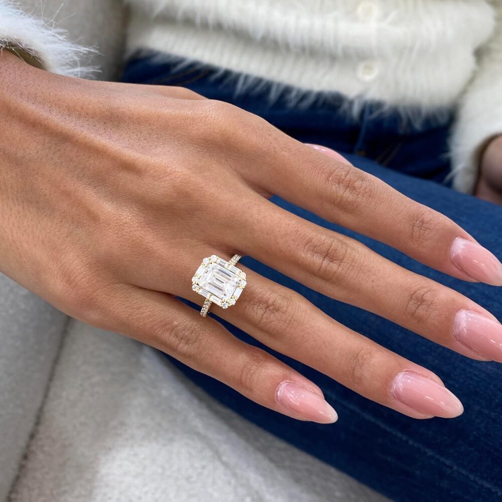 14K White/Yellow Gold Moissanite 3.15 TCW (2.5ct Center, VVS1 Clarity, D-E Color Emerald Shape) Engagement Ring With Baguette & Round Shaped Side Stones Promise Rings Gift For Her Rings For Women - Image 4