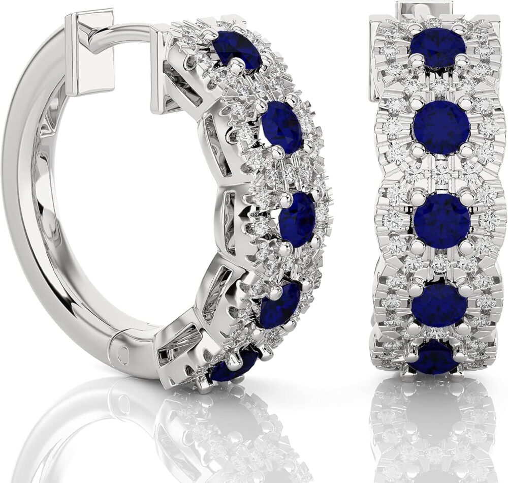 3/8 Carat Diamond and Gemstone Hoop Earrings for Women in 14k Gold (F-G, SI2-I1, cttw) with Hinge and Notched Post by Privosa Fine Jewelry