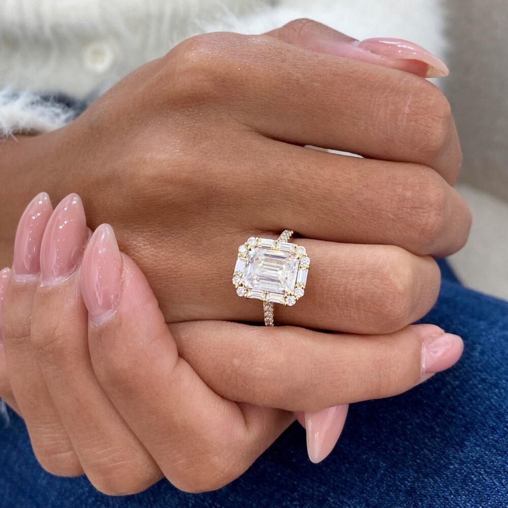 14K White/Yellow Gold Moissanite 3.15 TCW (2.5ct Center, VVS1 Clarity, D-E Color Emerald Shape) Engagement Ring With Baguette & Round Shaped Side Stones Promise Rings Gift For Her Rings For Women - Image 2
