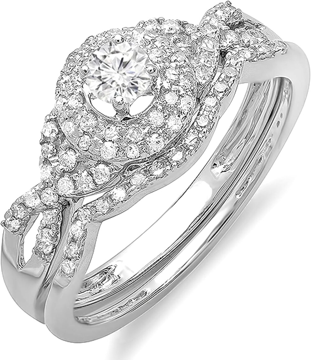 Dazzlingrock Collection 0.50 Cttw 14K Solid Gold Round Diamond Womens Halo Bridal Engagement Ring Set