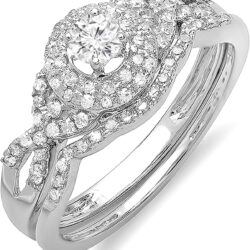 Dazzlingrock Collection 0.50 Cttw 14K Solid Gold Round Diamond Womens Halo Bridal Engagement Ring Set
