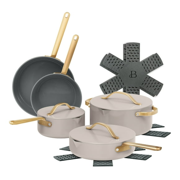 Beautiful 12-Piece Ceramic Non-Stick Cookware Set with Strainer Lids, Porcini Taupe by Drew Barrymore