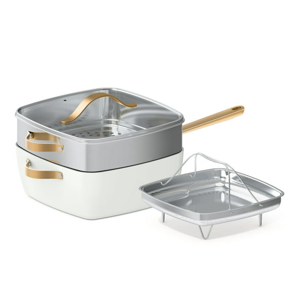 Beautiful 4 Piece 4.5qt Ceramic Non-Stick Square Pan Cookware Set, White Icing by Drew Barrymore