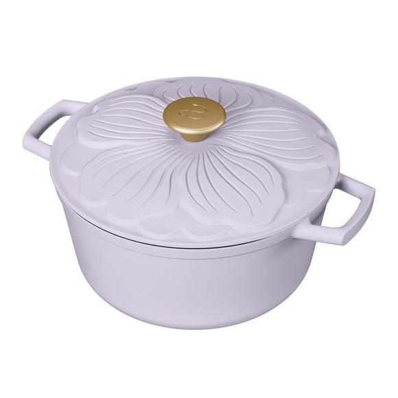 Beautiful 4 Quart Enameled Cast Iron Round Dutch Oven with Petal Design Lid, Lavender by Drew Barrymore
