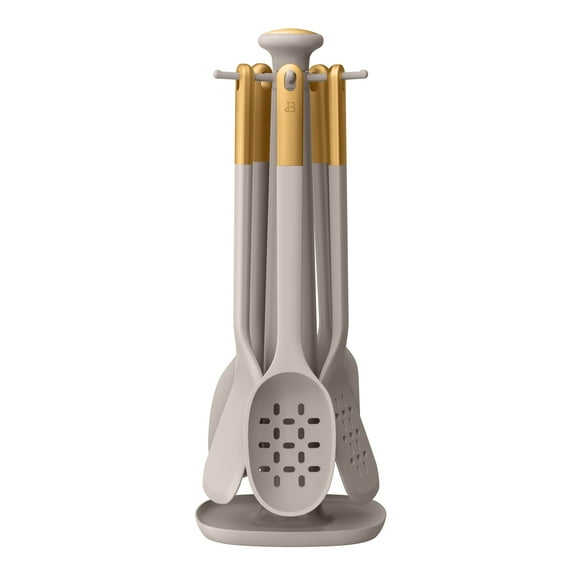 Beautiful 6-Piece Silicone Kitchen Utensil Tool Set with Rotating Rack by Drew Barrymore, Porcini Taupe