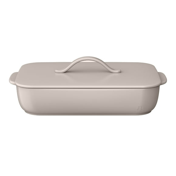 Beautiful 9x13 Covered Stoneware Baker, Porcini Taupe by Drew Barrymore