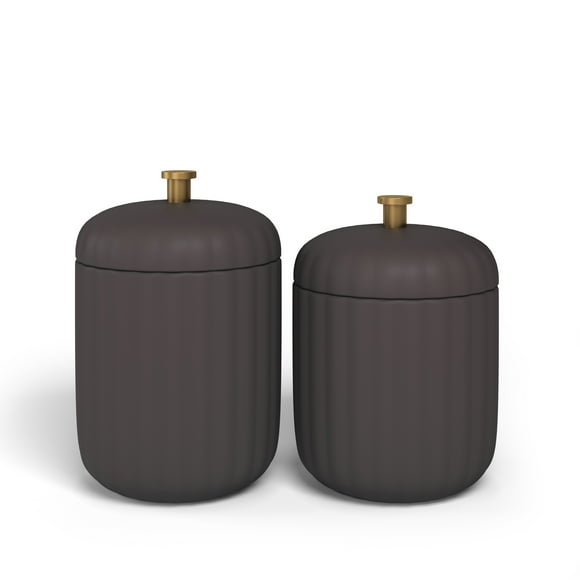 Beautiful Fluted Stoneware 2-Piece Vanity Jar Set by Drew Barrymore, Charcoal Gray