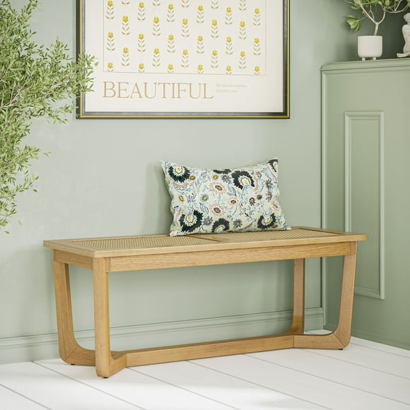 Beautiful Rattan & Wood Bench with Solid Wood Frame by Drew Barrymore, Warm Honey Finish
